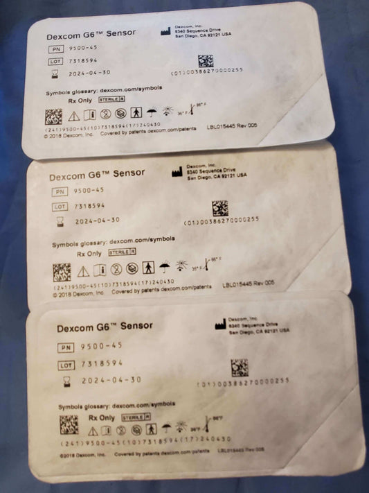 Dexcom G6 sensors - 3 individually sealed loose sensors with early expiration dates, no retail box.